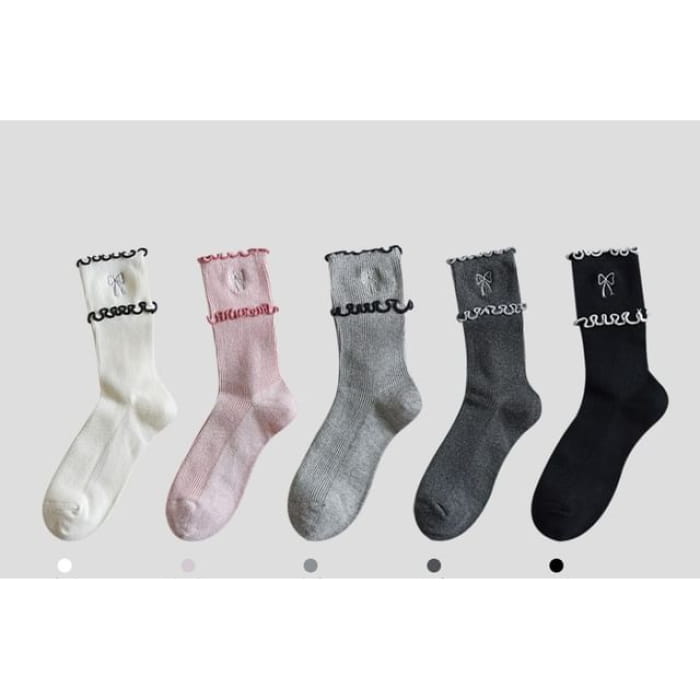 Bow Embroidered Frill Short Socks / Set - of 5 Pairs