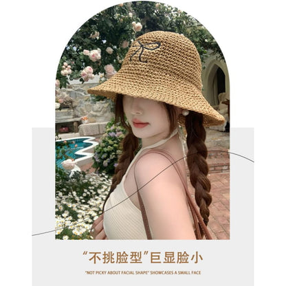 Bow Embroidered Knit Bucket Hat