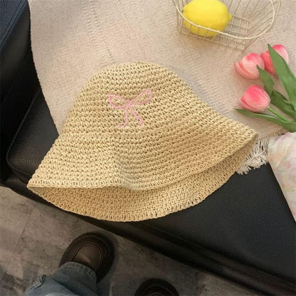 Bow Embroidered Knit Bucket Hat - Pink - Beige / One Size