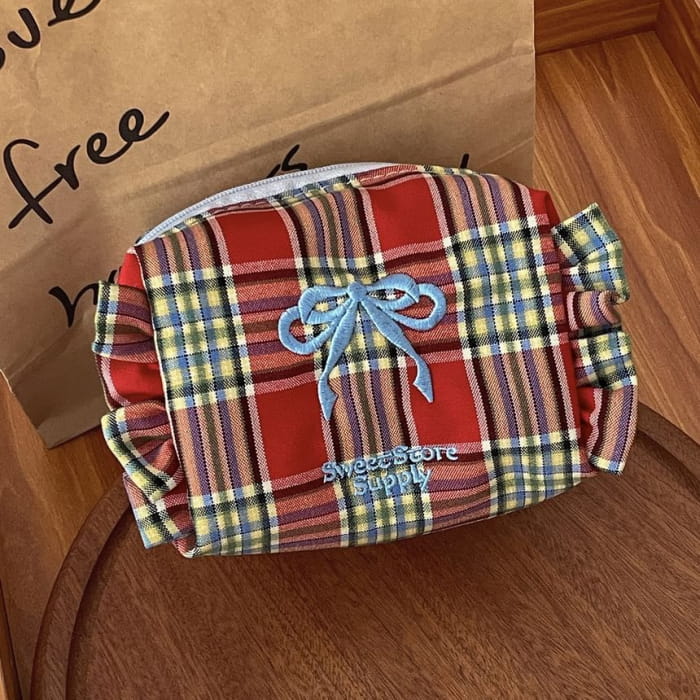 Bow Embroidered Plaid Coin Purse