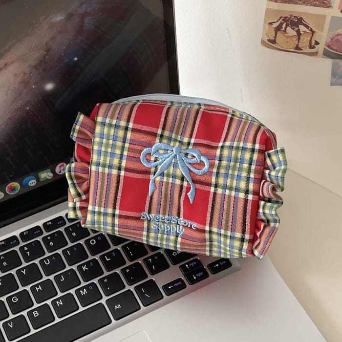 Bow Embroidered Plaid Coin Purse