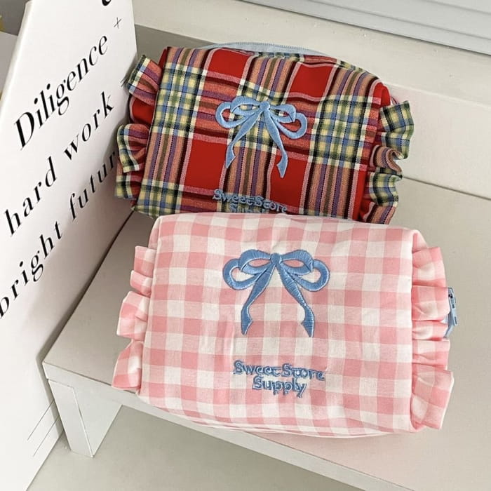 Bow Embroidered Plaid Coin Purse