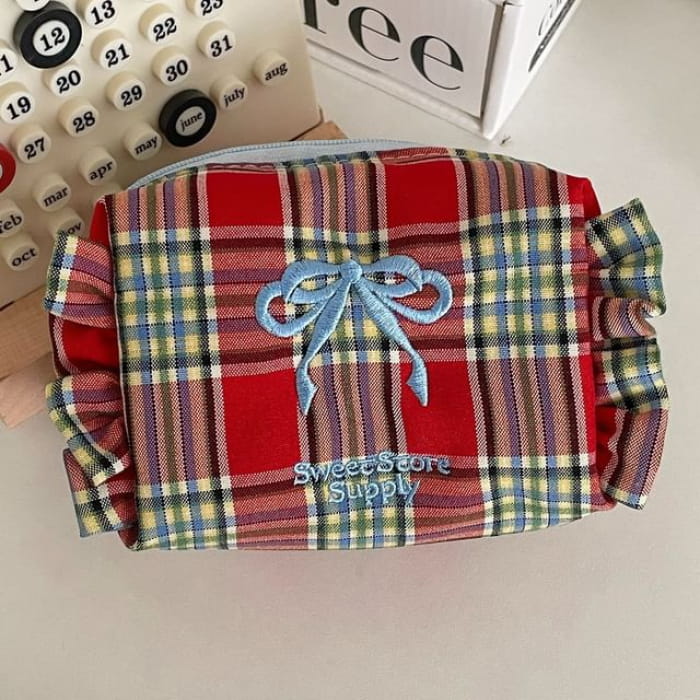 Bow Embroidered Plaid Coin Purse - Red / One Size