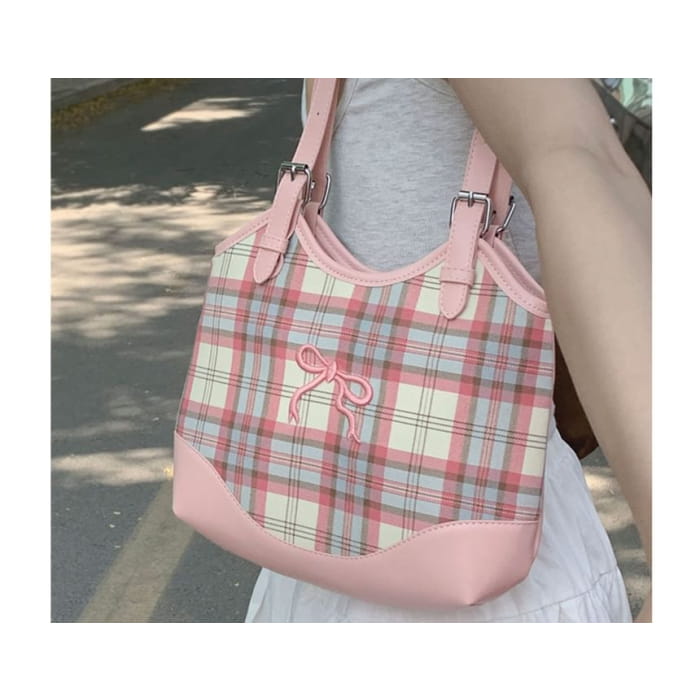 Bow Embroidered Plaid Panel Tote Bag