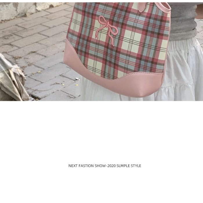 Bow Embroidered Plaid Panel Tote Bag