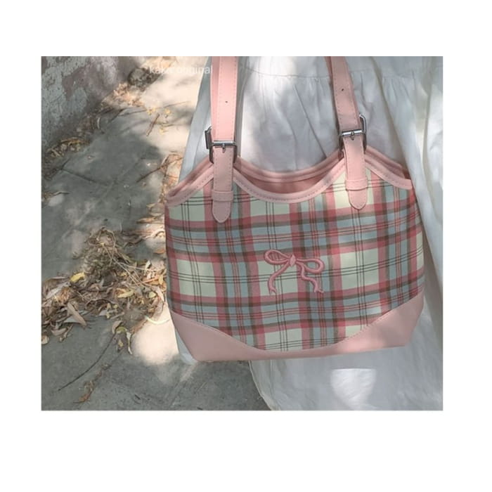 Bow Embroidered Plaid Panel Tote Bag