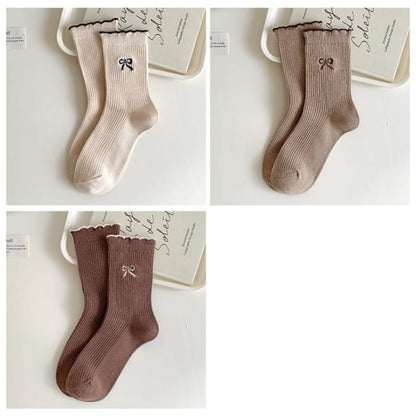 Bow Embroidered Ribbed Short Socks Set - of 3 Pairs - Beige