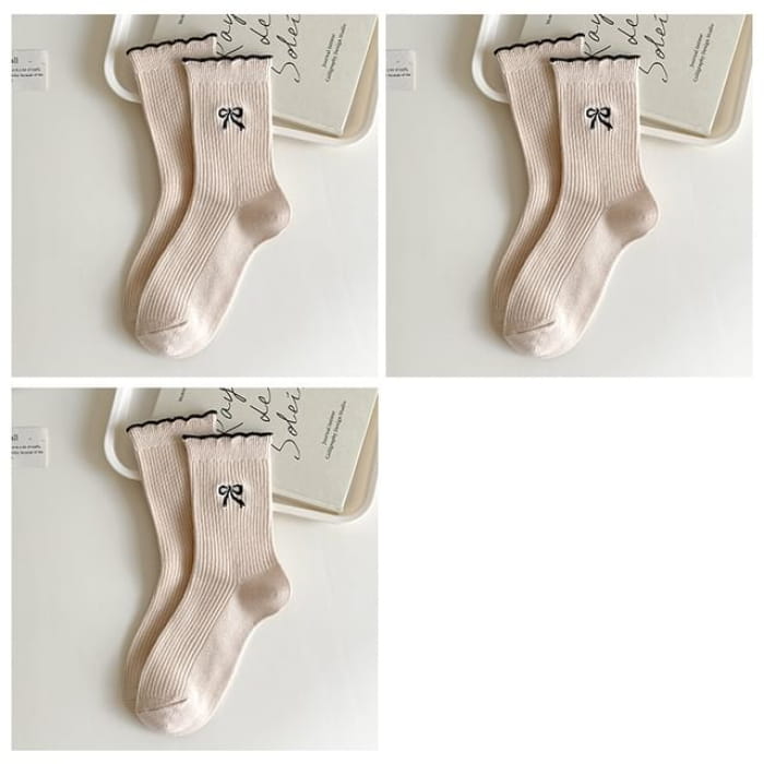 Bow Embroidered Ribbed Short Socks Set - of 3 Pairs - Beige