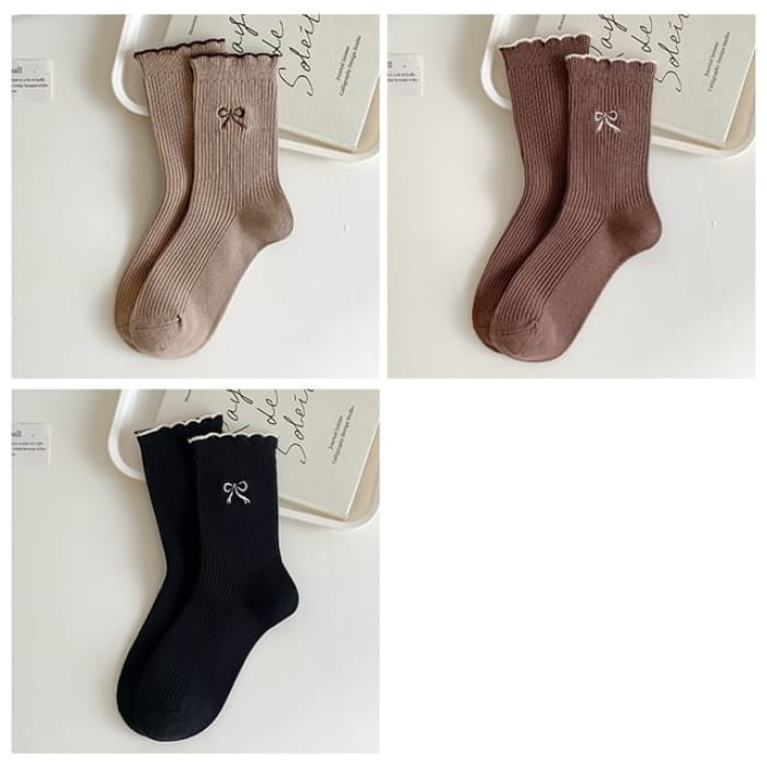 Bow Embroidered Ribbed Short Socks Set - of 3 Pairs - Light