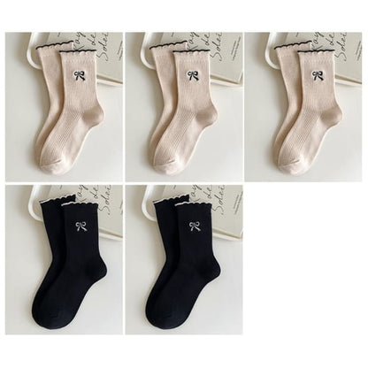 Bow Embroidered Ribbed Short Socks Set - of 5 Pairs - Beige