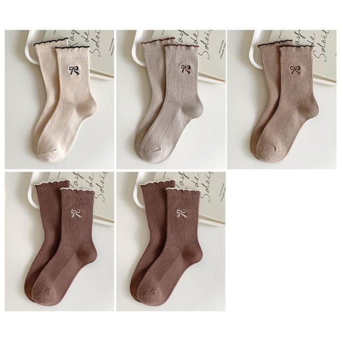 Bow Embroidered Ribbed Short Socks Set - of 5 Pairs - Beige