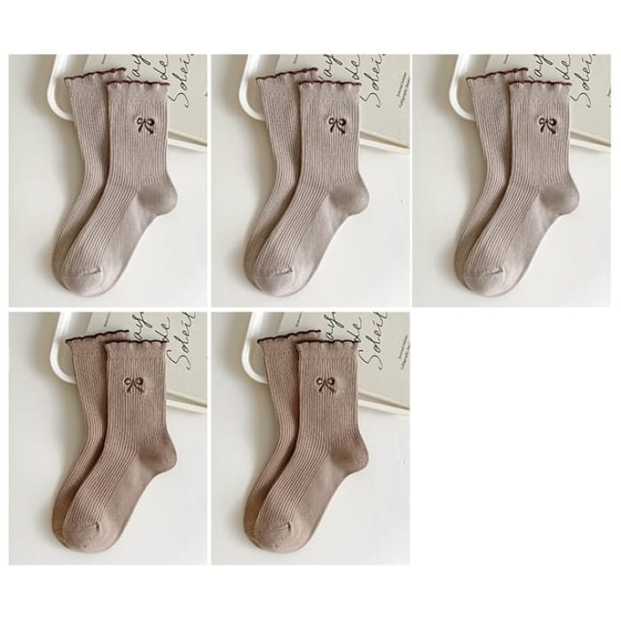 Bow Embroidered Ribbed Short Socks Set - of 5 Pairs - Khaki