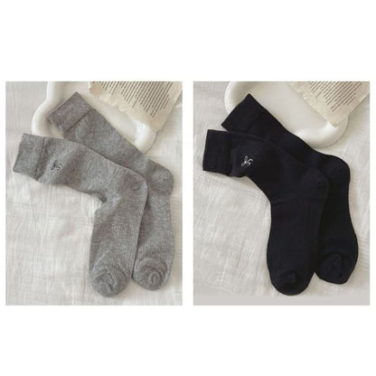 Bow Embroidered Socks Set - Of 2 Pairs - Gray & Black