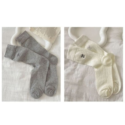 Bow Embroidered Socks Set - Of 2 Pairs - Gray & Milky White