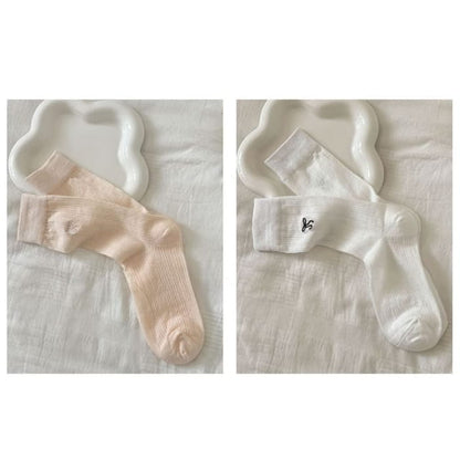 Bow Embroidered Socks Set - Of 2 Pairs - Pink & White