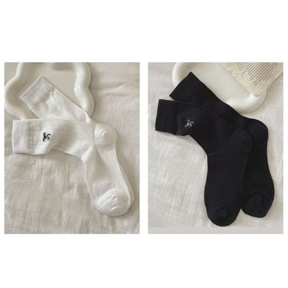 Bow Embroidered Socks Set - Of 2 Pairs - White & Black