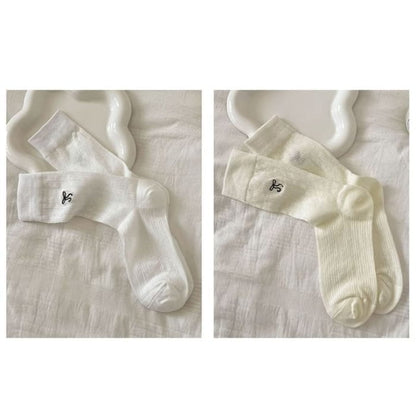 Bow Embroidered Socks Set - Of 2 Pairs - White & Milky