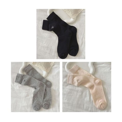 Bow Embroidered Socks Set - Of 3 Pairs - Black & Gray Pink