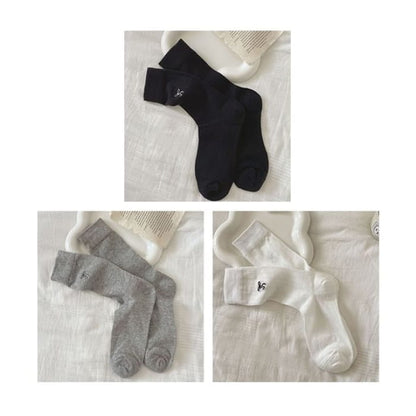 Bow Embroidered Socks Set - Of 3 Pairs - Black & Gray White