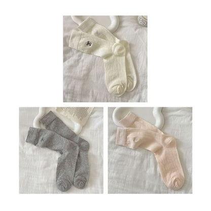 Bow Embroidered Socks Set - Of 3 Pairs - Milky White & Gray