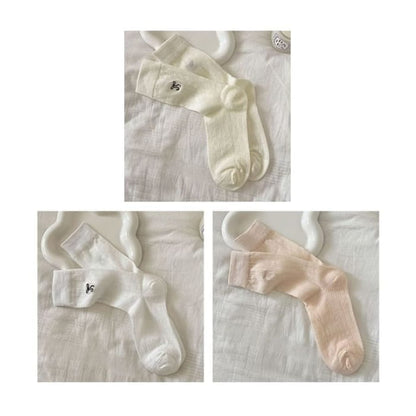 Bow Embroidered Socks Set - Of 3 Pairs - Milky White & Pink