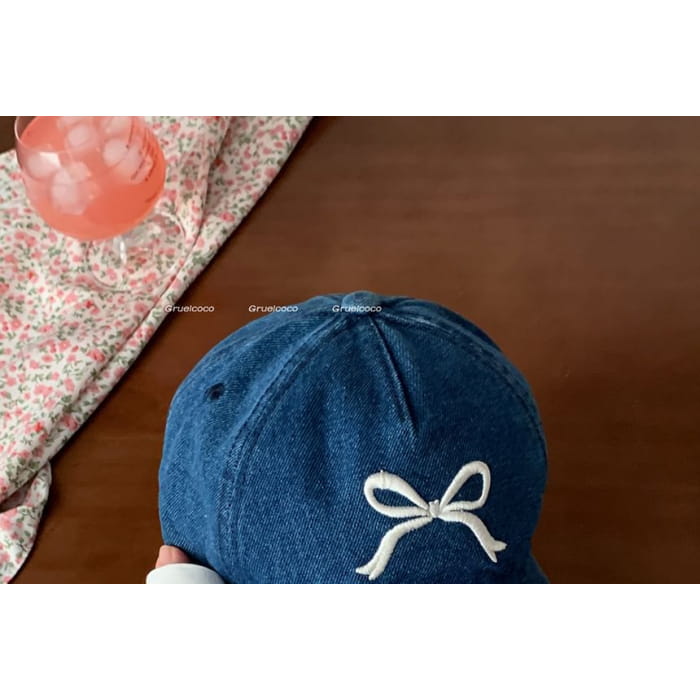 Bow Embroidered Washed Denim Baseball Cap