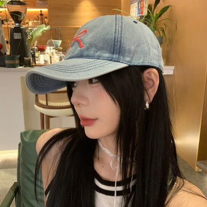 Bow Embroidered Washed Denim Baseball Cap