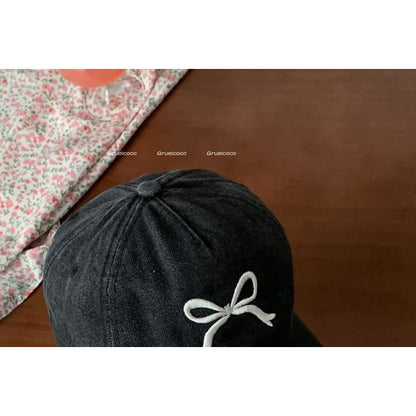 Bow Embroidered Washed Denim Baseball Cap