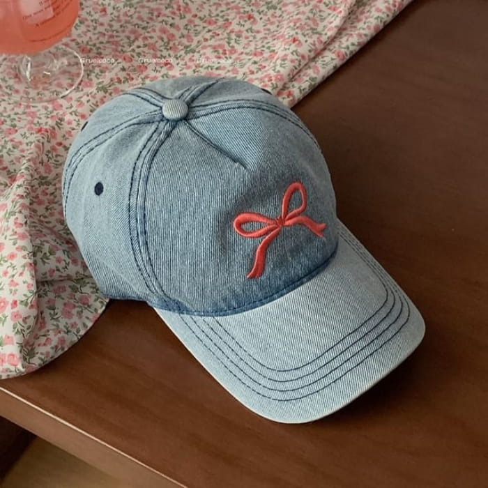 Bow Embroidered Washed Denim Baseball Cap - Blue / One Size