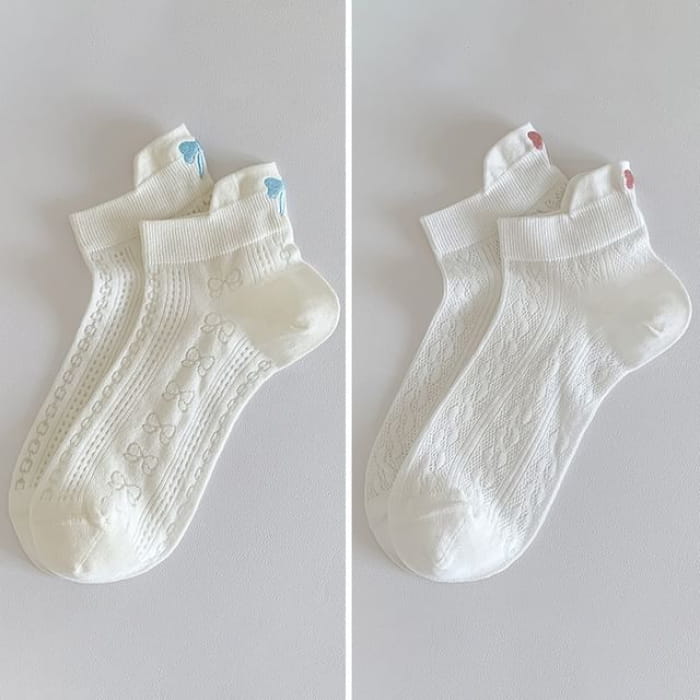 Bow Embroidery Socks Set - 2 Pairs - Combination 1 - White