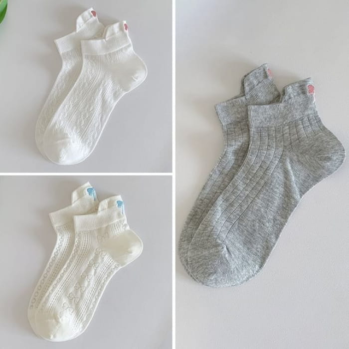 Bow Embroidery Socks Set - 3 Pairs - Combination 6 - White