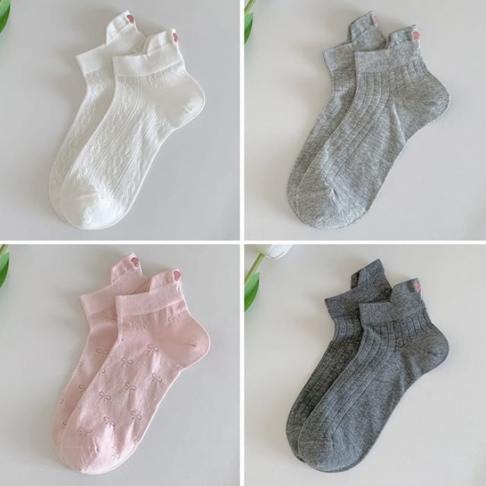 Bow Embroidery Socks Set - 4 Pairs - Combination 12 - White