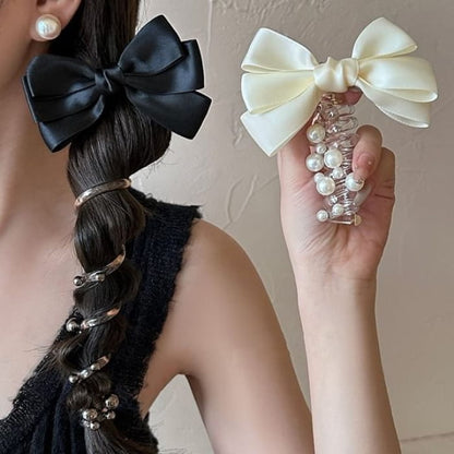 Bow Fabric Faux Pearl Coil Hair Tie