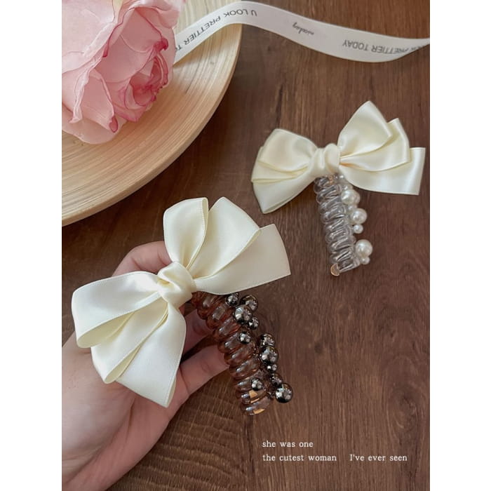 Bow Fabric Faux Pearl Coil Hair Tie