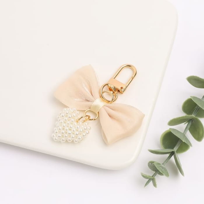 Bow Fabric Heart Faux Pearl Bag Charm Keyring (Various