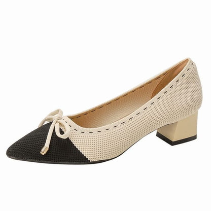 Bow Fabric Pointed Block Heel Pumps - Black Toe Cap