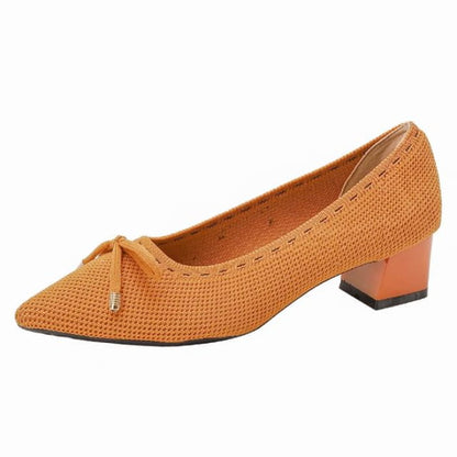 Bow Fabric Pointed Block Heel Pumps - Orange / 34