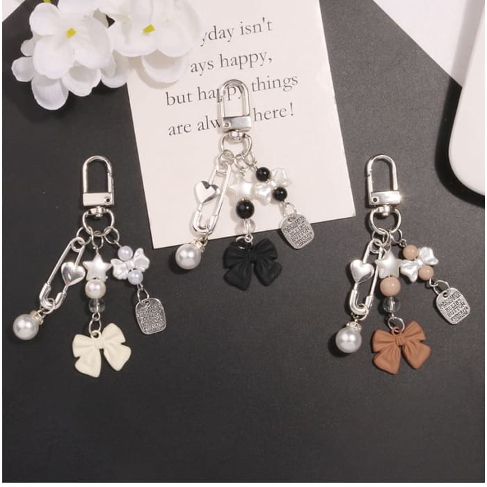 Bow Faux Pearl Acrylic Alloy Bag Charm Keyring (Various