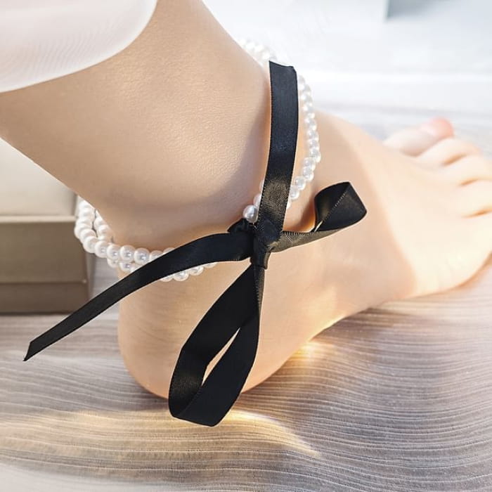 Bow Faux Pearl Anklet - JL8 - Black / One Size - Socks