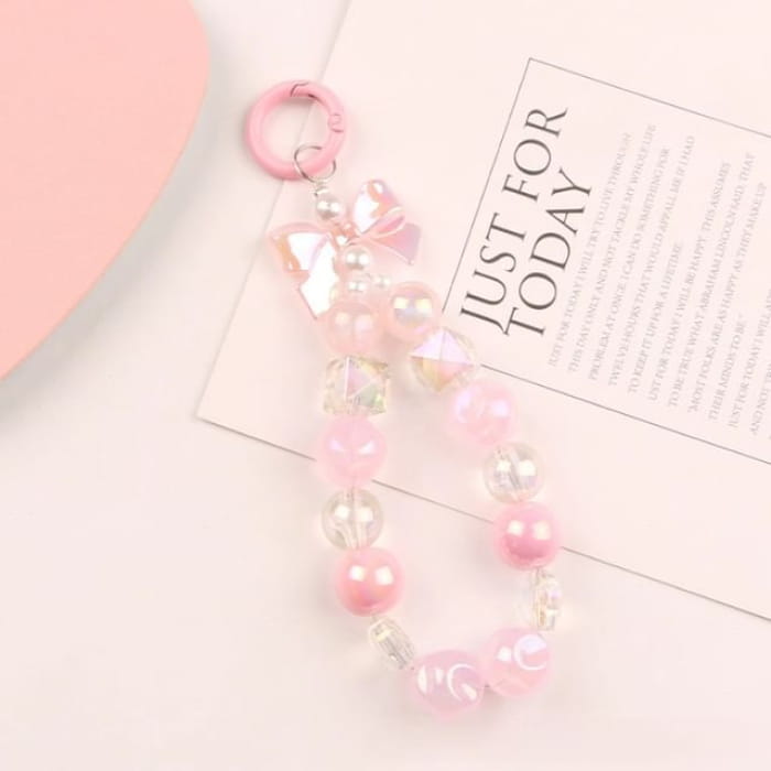 Bow Faux Pearl Bag Charm Keyring - Q1195-1 - Pink / One Size