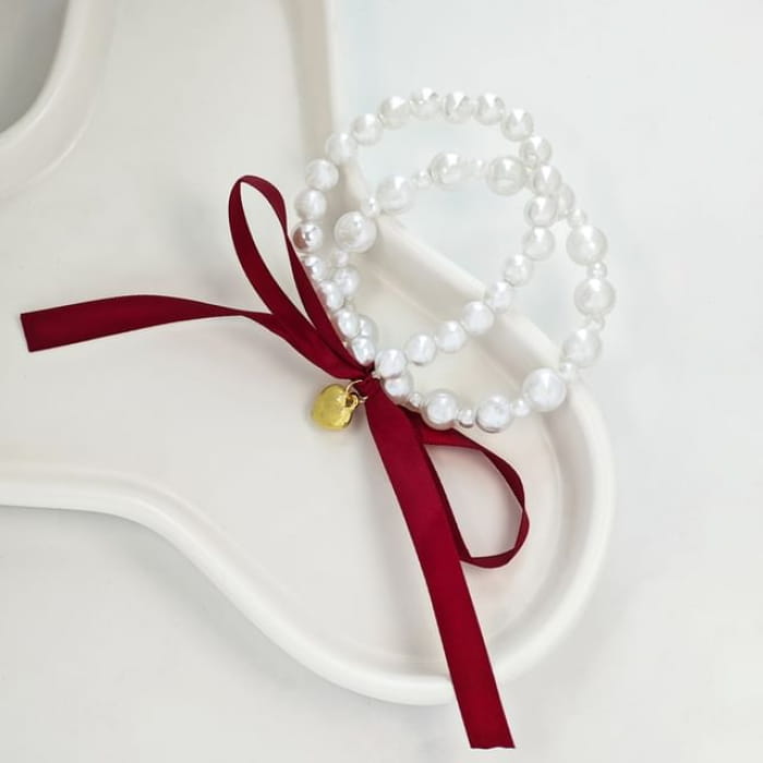 Bow Faux Pearl Bracelet - S039 - Wine Red / One Size