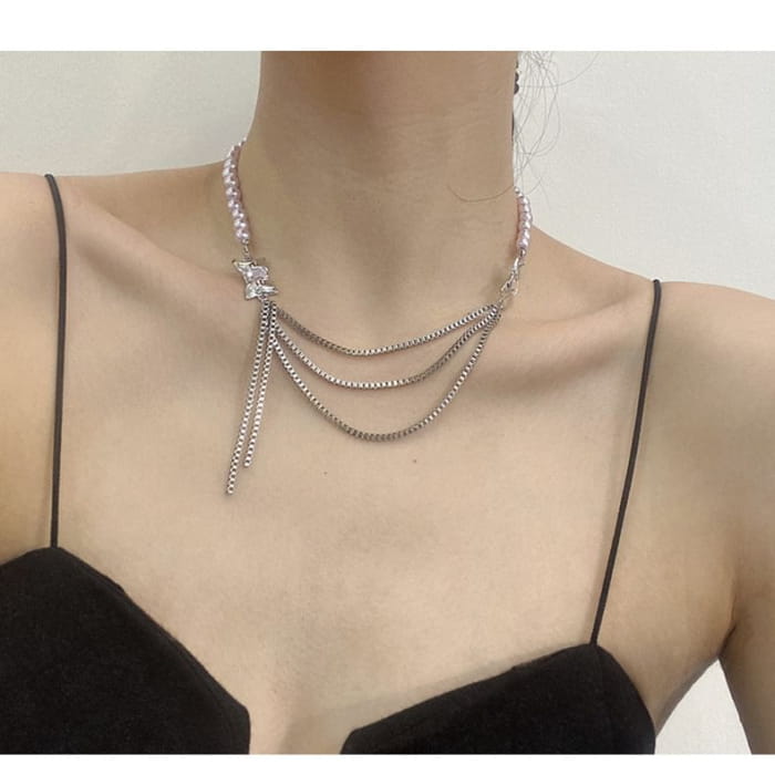 Bow Faux Pearl Layered Chain Necklace