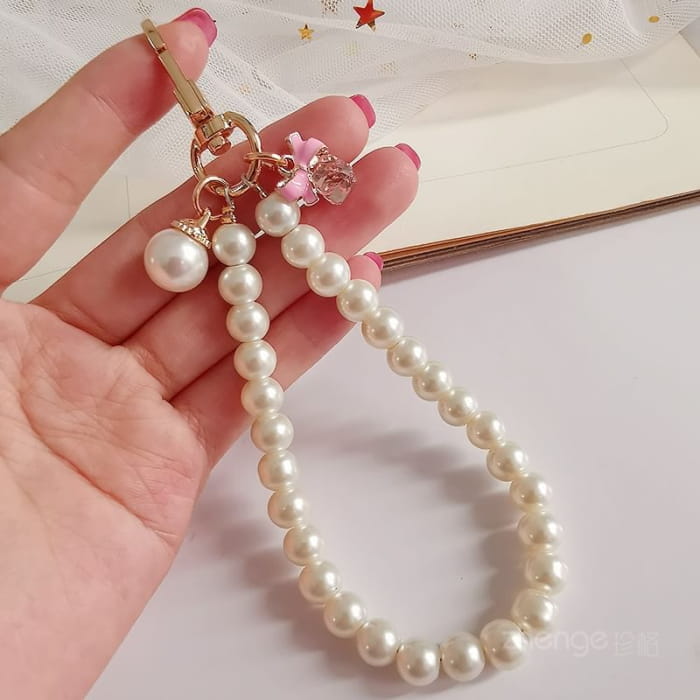 Bow Faux Pearl Phone Strap with Lanyard Pad - Accessories