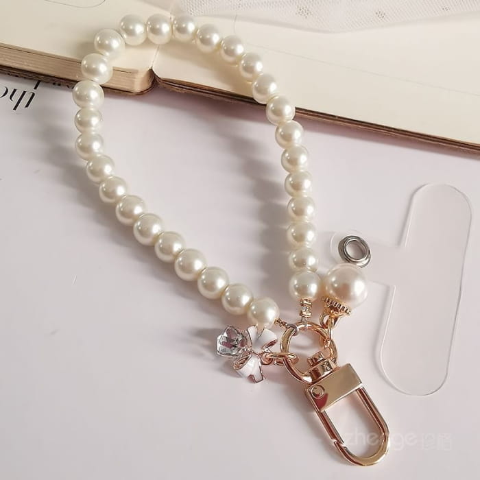 Bow Faux Pearl Phone Strap with Lanyard Pad - Accessories