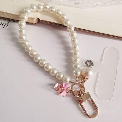 Bow Faux Pearl Phone Strap with Lanyard Pad - Accessories