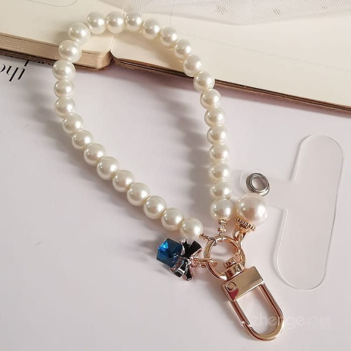 Bow Faux Pearl Phone Strap with Lanyard Pad - Accessories