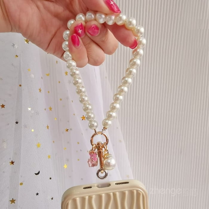 Bow Faux Pearl Phone Strap with Lanyard Pad - Accessories