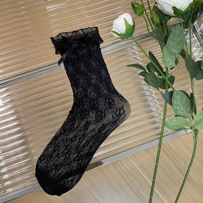 Bow Floral Lace Socks - Black / One Size