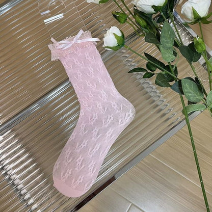 Bow Floral Lace Socks - Pink / One Size