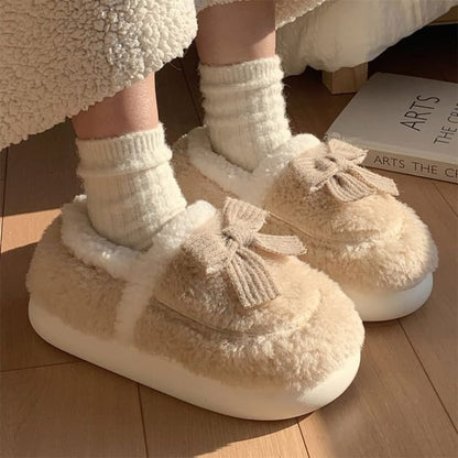 Bow Fluffy Slippers - Khaki / 36 to 37